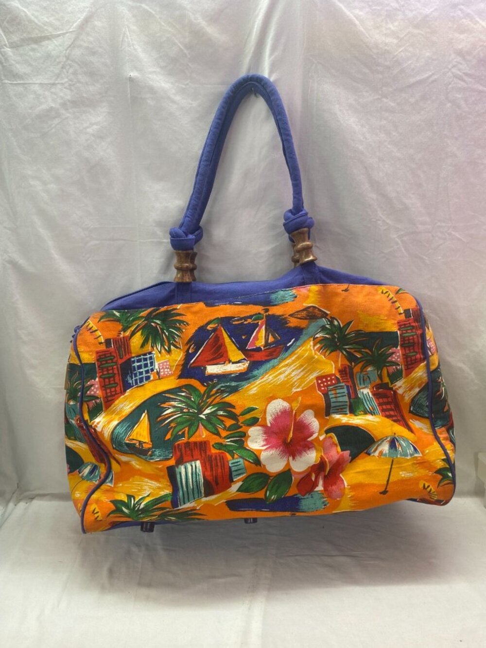 Sun & Sand Tropical Canvas Large Travel Bag w Double Handles Wooden accent beads